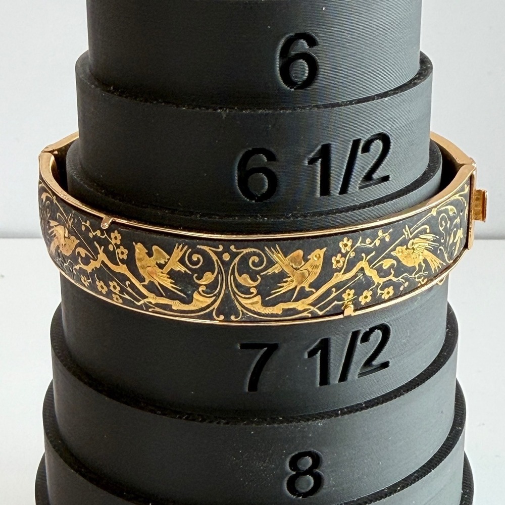 Vintage Damascene Style Hinged Bangle Bracelet Gold Tone Black Birds Floral